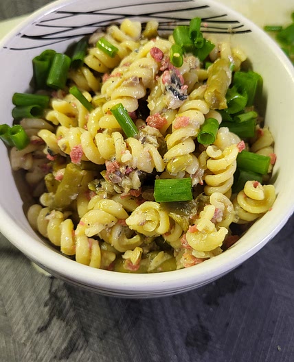 Sardine pasta salad with bacon bits and green beans