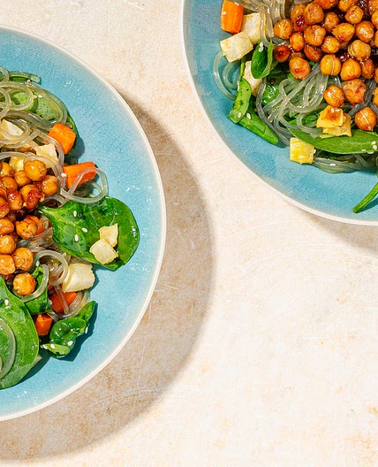 Korean Glass Noodles with Roasted Root Vegetables & Spicy Apricot Chickpeas