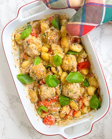 One Pan Meatballs Gnocchi Bake
