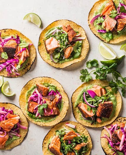 Salmon Tacos with Collard and Radish Slaw