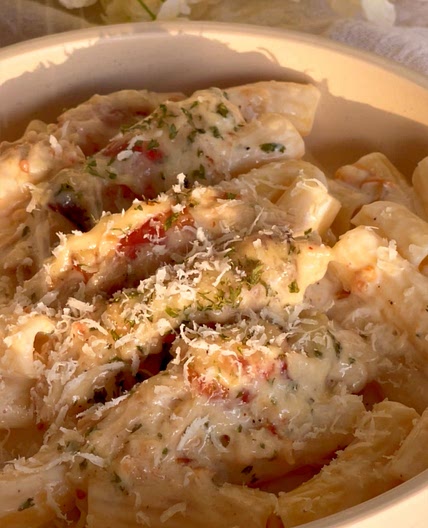 Bacon Enoki Rolls in Alfredo Sauce 