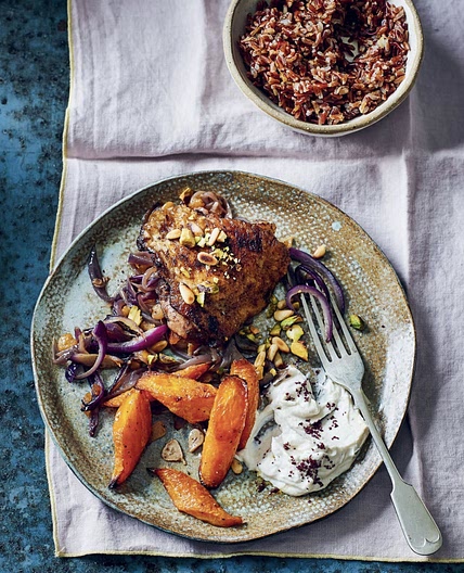 Persian Chicken Thighs with Roasted Carrots and Tahini Yoghurt