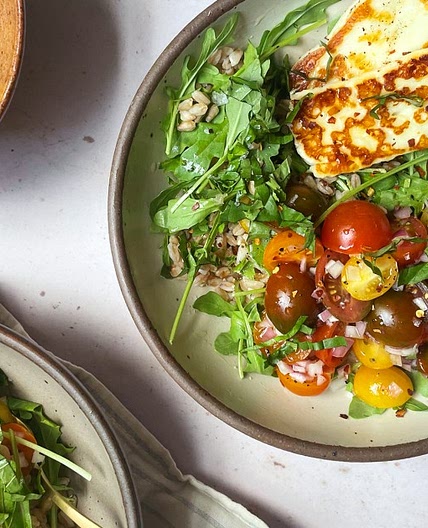 Tomato and Halloumi Salad Bowls with Farro and Basil