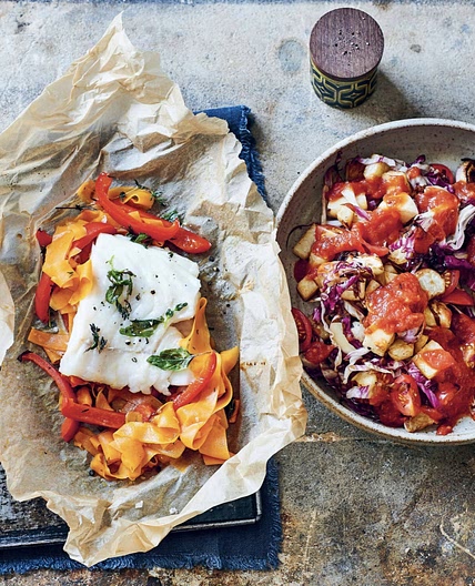 Fish in a Paper Bag with Celeriac Bravas