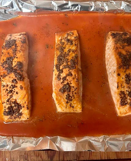 Broiled Salmon, in Spicy Bloody Mary Sauce