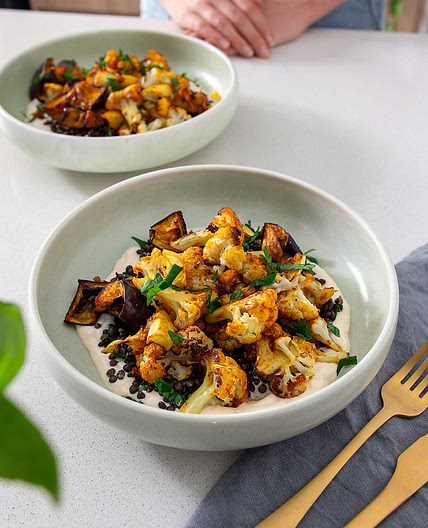 ROASTED HARISSA CAULI & EGGPLANT WITH GARLIC CONFIT YOGURT DIP