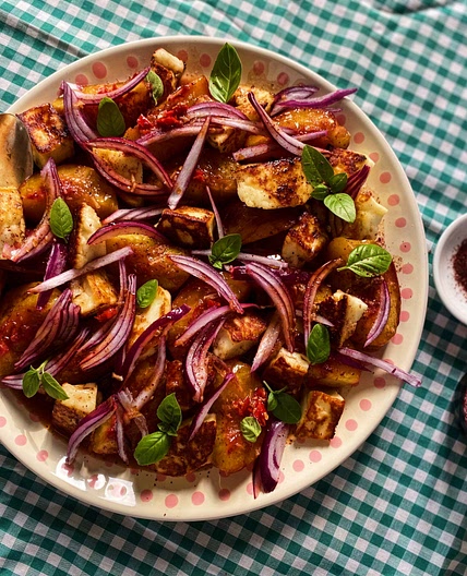 Warm nectarine and halloumi salad with basil and sumac