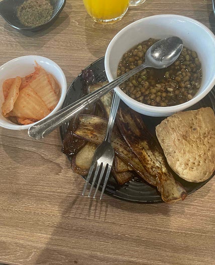 Buttered Eggplant with mung beans and potato 