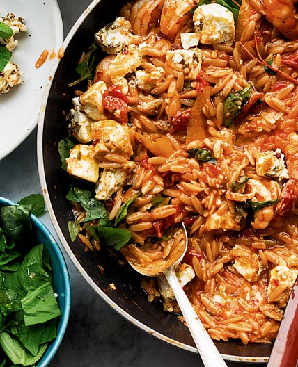 Ottolenghi’s Orzo with Prawns, Tomato and Marinated Feta