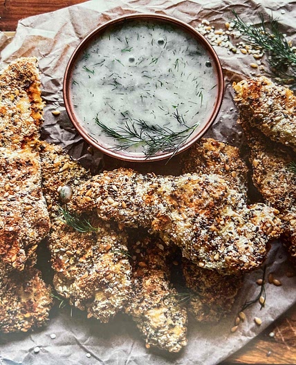Super-seeded Chicken Tenders with Honey Dill Dip