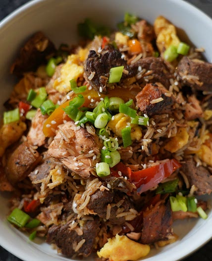 Salmon & Steak Fried Rice ( Using leftovers)