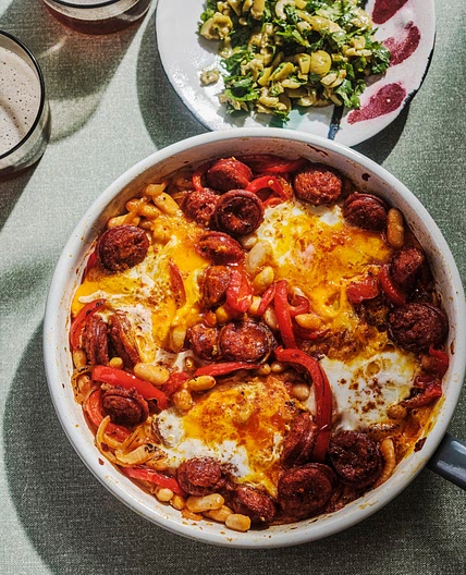 Diana Henry: Huevos rotos with chorizo, peppers, white beans and
