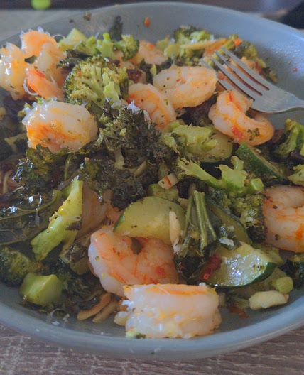Roasted vegetables and shrimp salad