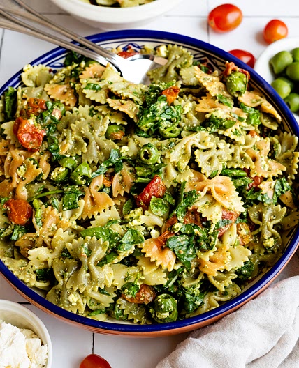 Cold Bowtie Pasta Salad with Feta Cheese and Spinach
