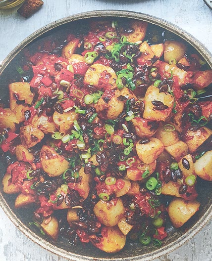 Potato salad with charred tomato and orange salsa