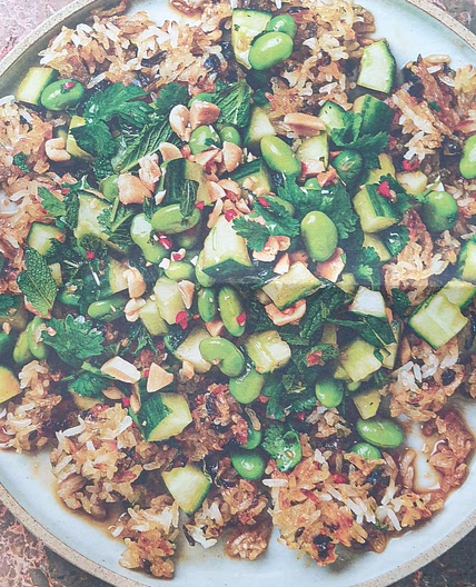 Crispy fried rice with cucumber and herb salad