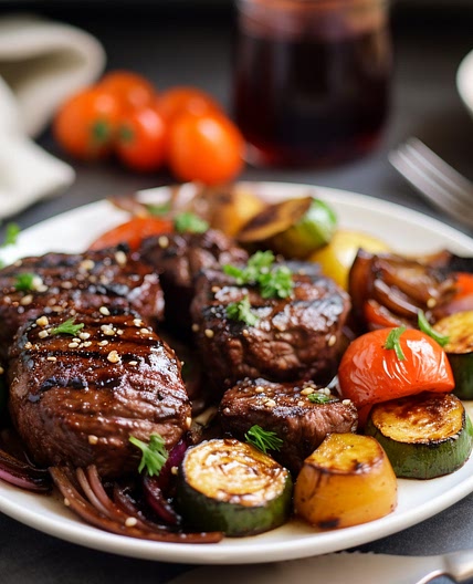 Balsamic Glazed Beef Medallions with Roasted Vegetables