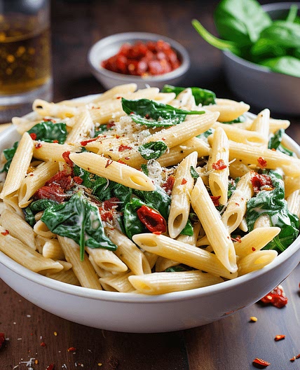 Creamy Garlic Parmesan Pasta with Spinach and Sun-Dried Tomatoes