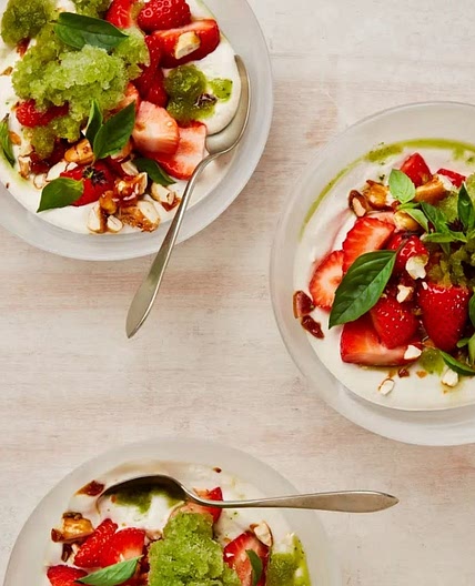 Strawberries with cashew cream and Thai basil granita