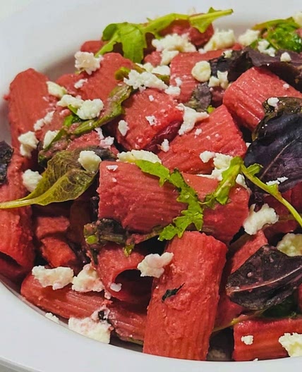 Beetroot Hummus Rigatoni with Feta