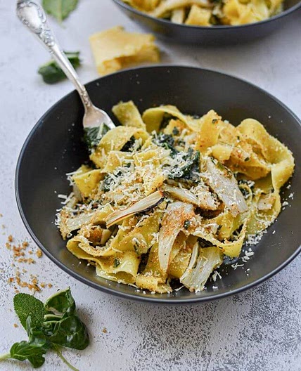 Silverbeet pappardelle with roasted stalks and a lemon & herb cr