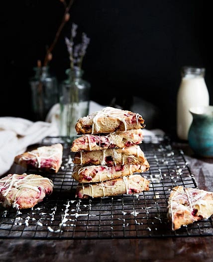 White chocolate raspberry and rhubarb scones