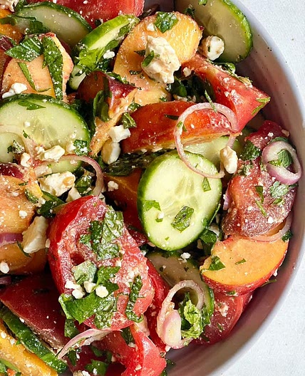 Tomato-Peach Salad with Feta and Cucumbers