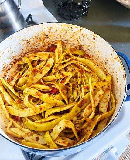 Tomato Braised Romano Beans with Anchovy(ish)