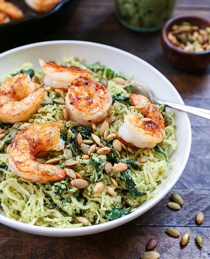 Pesto Spaghetti Squash with Sautéed Shrimp