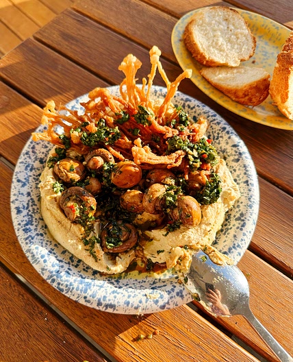 Crispy Enoki and Buttery Garlicky Mushrooms on Whipped Tofu Ricotta