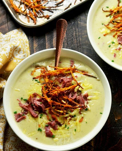 Irish Baked Potato Soup with Corned Beef and Crispy Leeks