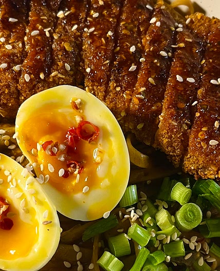 Cheesy Chicken Katsu Udon Bowl with Crispy Glazed Hot Chicken
