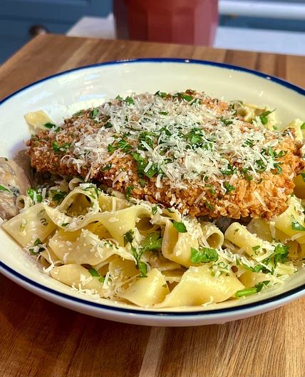 Creamy Mushroom Pasta with Crispy Chicken Escalope