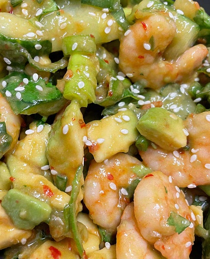 Smashed Cucumber, Avocado and Shrimp Salad