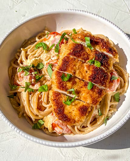 Feta Tomato Pasta with Crispy Chicken