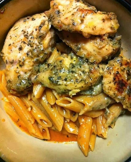 Garlic Pesto Chicken with Tomato Cream Penne
