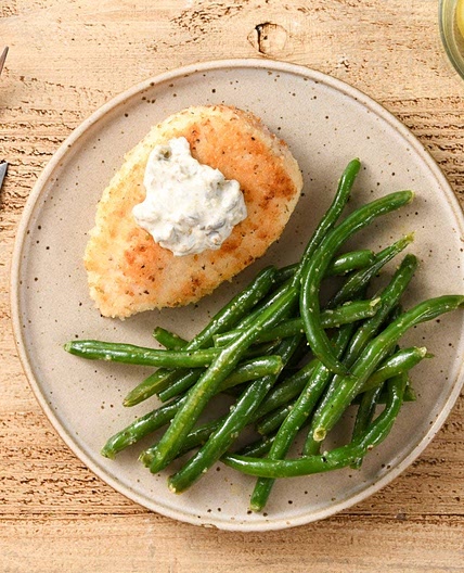Chicken Cutlet Piccata with Garlic Butter Green Beans