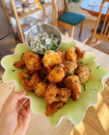 Crispy Beer Battered Cauliflower (with Seaweed Caper Mayo)