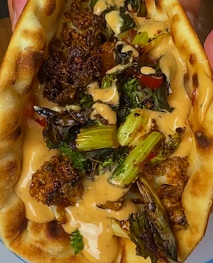 STICKY HARISSA CAULIFLOWER + TAHINI FLATBREAD