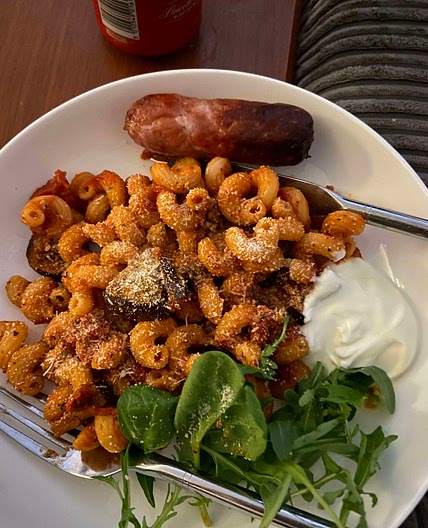 pasta alla norma (plus beans and lentils)