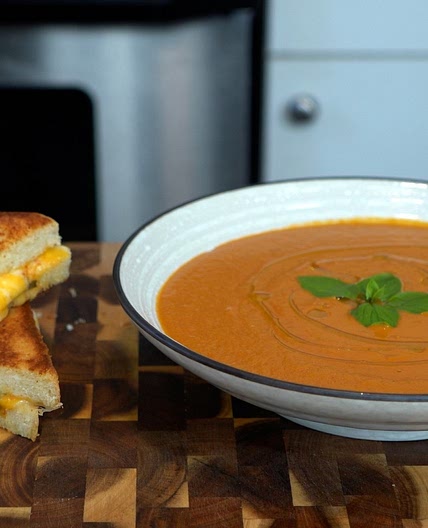 Gochujang Roasted Garlic Tomato Soup & Perilla Kimchi Grilled Cheese