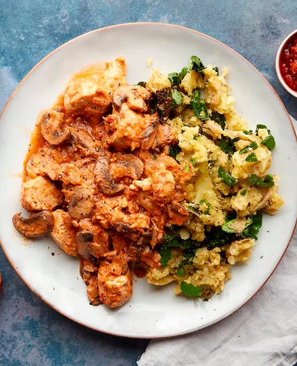 Chicken & mushroom stroganoff with pesto mash