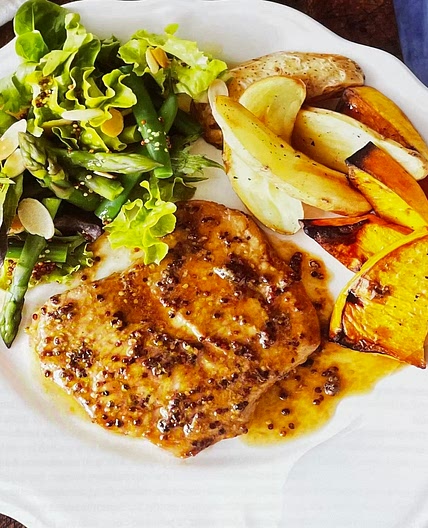 Honey mustard pork with asparagus and bean salad 