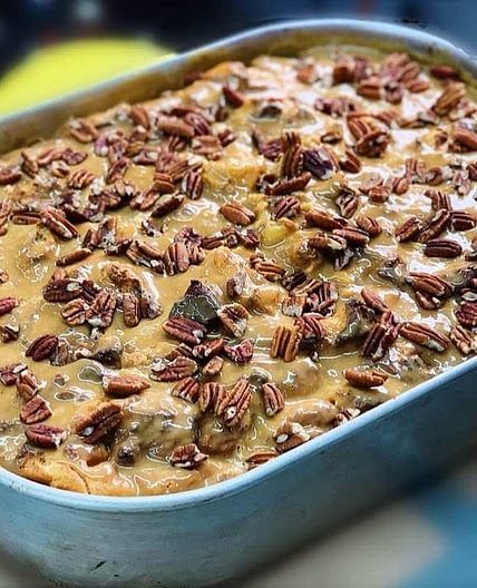 Pecan Pie Bread Pudding with Vanilla Bourbon Glaze