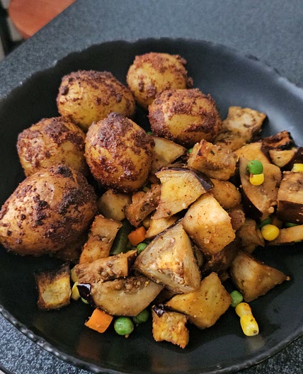 Eggplant and Mixed Vegetables and roasted potatoes