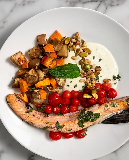 Mediterranean Salmon Belly Bowl with Toasted Nuts and Whipped Feta