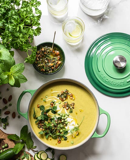 Pea and Zucchini Soup with Minted Almond Salsa