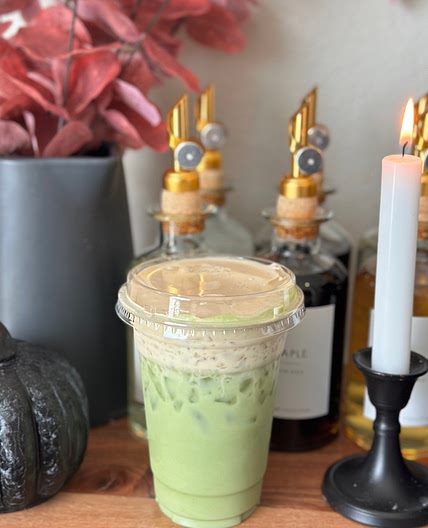 Matcha latte with pumpkin cold foam