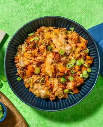 Tex-Mex Style Beef and Pork Skillet Rice with Sweet Bell Peppers and Cheddar Cheese