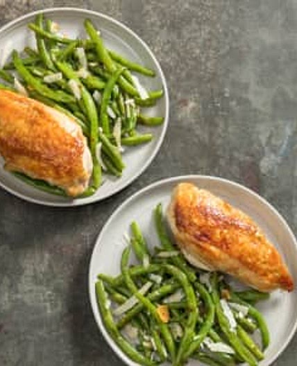 Skillet-Roasted Chicken Breasts with Garlicky Green Beans for Two